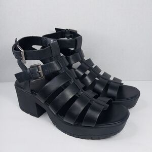 SO Bayleigh Size 10 Chunky Faux Leather Black Platform Strappy Sandals Shoes